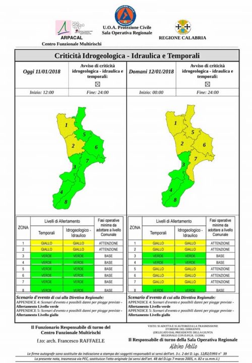 Criticità idrogeologica e temporali tra oggi e domani in Calabria. L