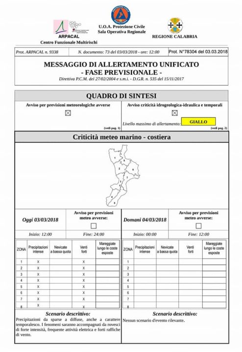 Protezione civile Calabria, allerta meteo gialla: vento e pioggia