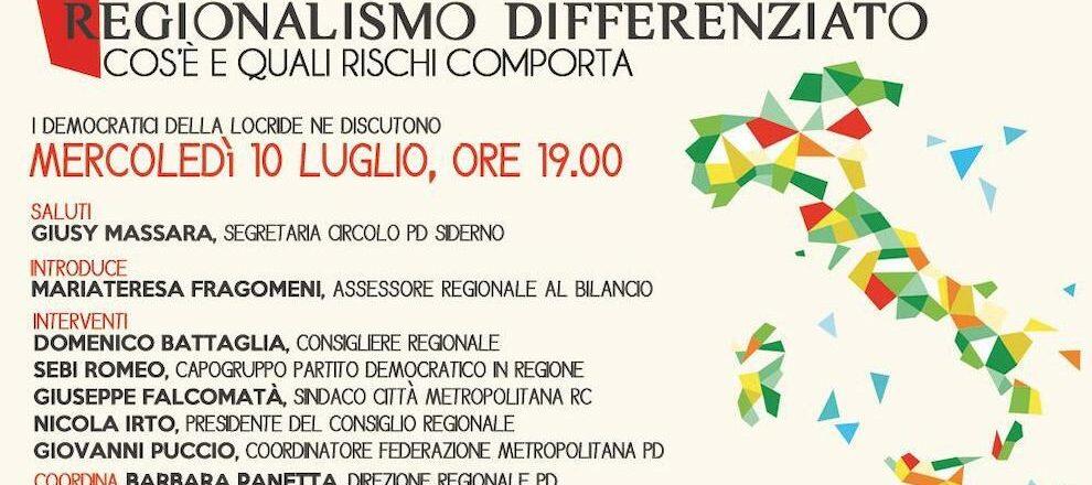 Regionalismo differenziato: se ne discuterà mercoledì con il circolo PD di Siderno