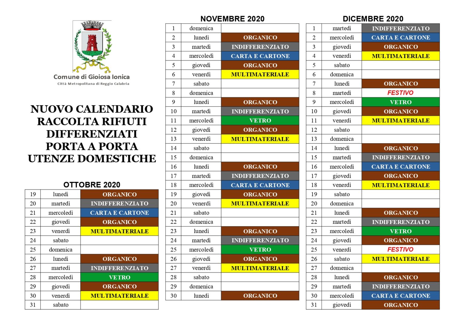 Gioiosa Ionica Da lunedì cambia il calendario della raccolta
