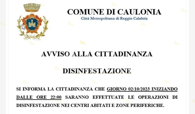 Rinviata al 2 ottobre la disinfestazione a Caulonia