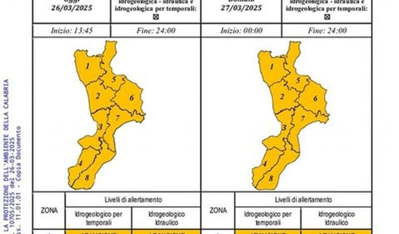 Maltempo, diramata l’allerta arancione su tutta la Calabria