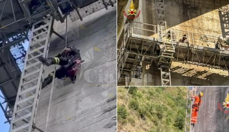 12 operai bloccati su un viadotto dell’A2 soccorsi dai vigili del fuoco