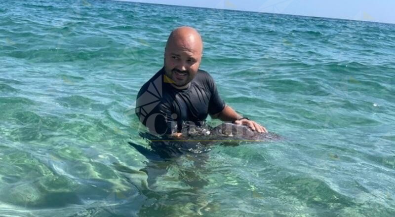 Tartaruga Caretta Caretta con un grosso amo in bocca salvata da un agente di polizia