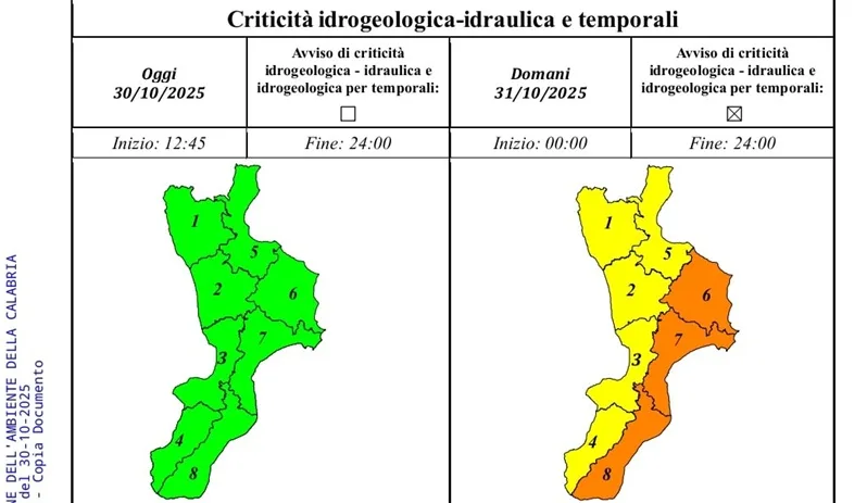 Perturbazione atlantica in arrivo. Domani prevista allerta arancione su settori ionici centro-meridionali, gialla sul resto della Regione Perturbazione atlantica in arrivo. Domani prevista allerta arancione su settori ionici centro-meridionali, gialla sul resto della Regione