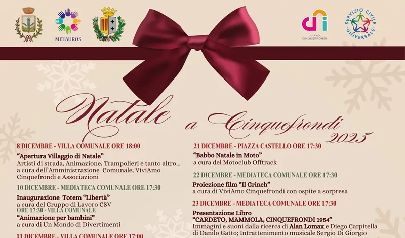 Cinquefrondi accende il Natale: un mese di eventi e il concertone di Daniele Silvestri Cinquefrondi accende il Natale: un mese di eventi e il concertone di Daniele Silvestri