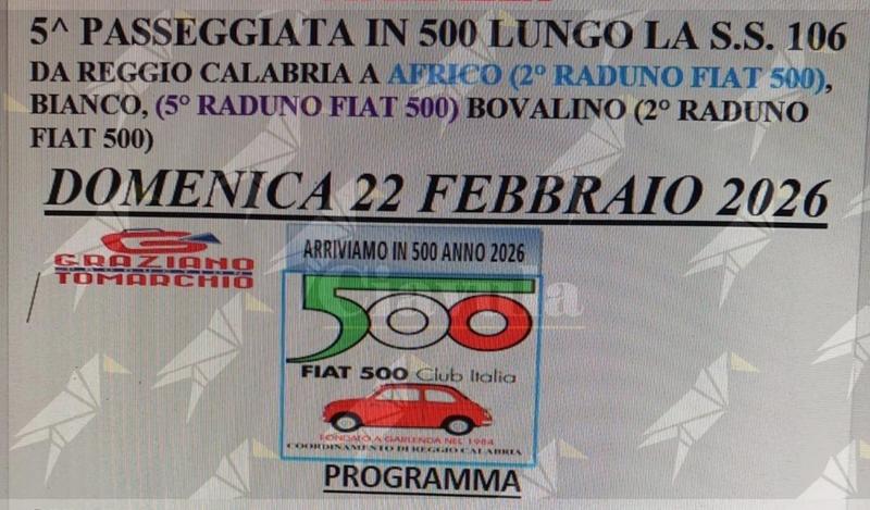 Le storiche Fiat 500 tornano sulla S.S. 106: domenica il raduno nella Locride Le storiche Fiat 500 tornano sulla S.S. 106: domenica il raduno nella Locride