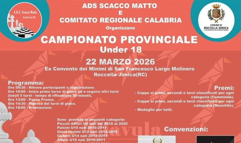 Roccella Ionica ospiterà il Campionato Provinciale Under 18 di scacchi Roccella Ionica ospiterà il Campionato Provinciale Under 18 di scacchi