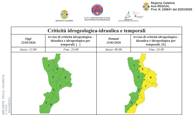 Torna il maltempo: domani allerta meteo gialla sulla Calabria Ionica