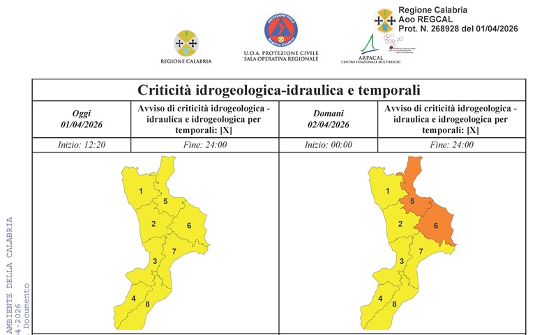 Maltempo, domani allerta arancione su parte della Calabria