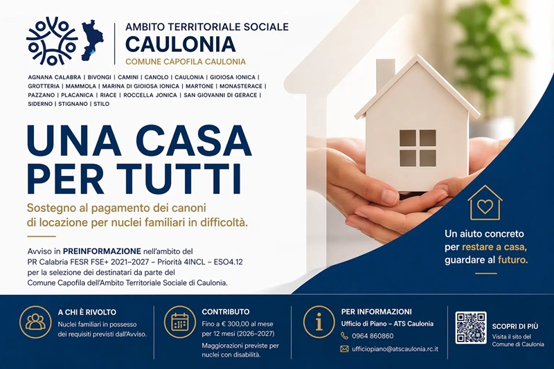 “Una casa per tutti”: l’ATS di Caulonia lancia il sostegno agli affitti per le famiglie in difficoltà