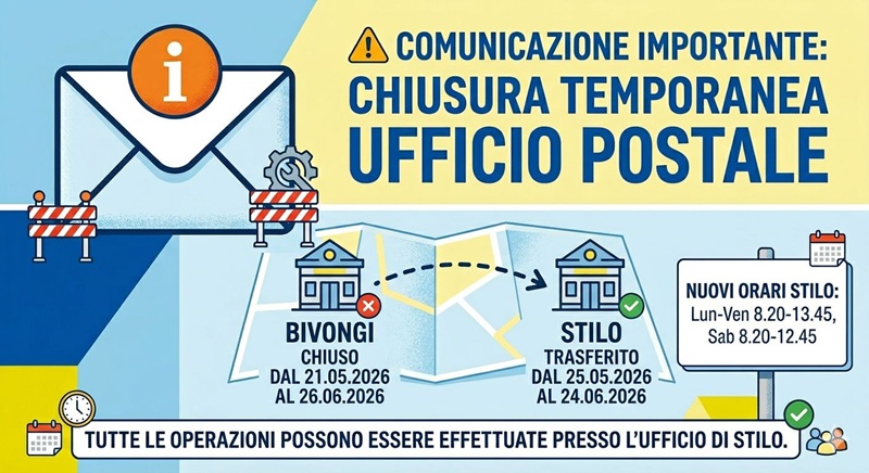 Lavori all’ufficio postale di Bivongi: sportelli temporaneamente trasferiti a Stilo