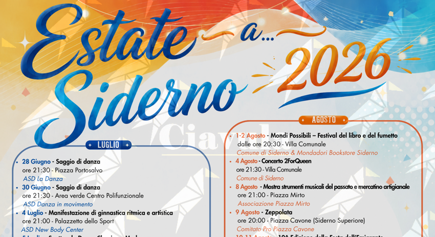 Pubblicato il cartellone degli eventi estivi del Comune di Siderno Pubblicato il cartellone degli eventi estivi del Comune di Siderno