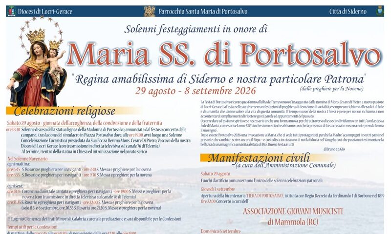 Siderno si prepara alla Festa di Portosalvo: il programma dal 3 all’8 settembre Siderno si prepara alla Festa di Portosalvo: il programma dal 3 all’8 settembre