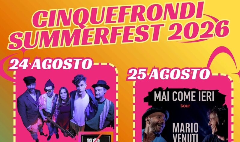 Cinquefrondi Summer Fest 2026, gran finale dal 24 al 26 agosto: Nobraino, Mario Venuti e DJ Jad e Wlady from Articolo 31 Cinquefrondi Summer Fest 2026, gran finale dal 24 al 26 agosto: Nobraino, Mario Venuti e DJ Jad e Wlady from Articolo 31