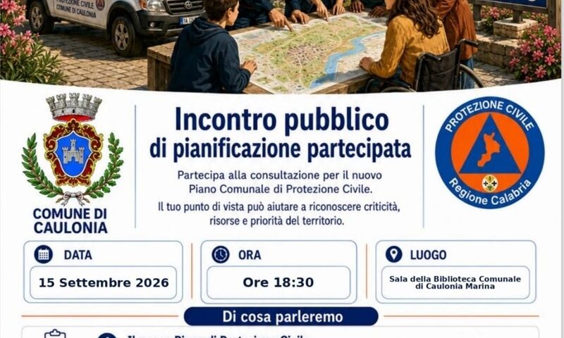 Domani a Caulonia un incontro dedicato all’aggiornamento del Piano di Protezione Civile Domani a Caulonia un incontro dedicato all’aggiornamento del Piano di Protezione Civile